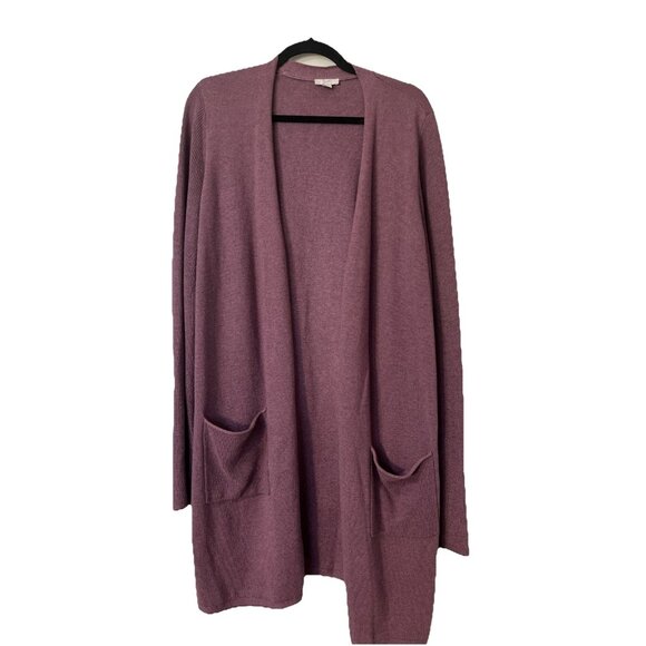J Jill Sz Medium Tall Purple Long Ribbed Knit Cardigan Open Front Pockets - Picture 1 of 6